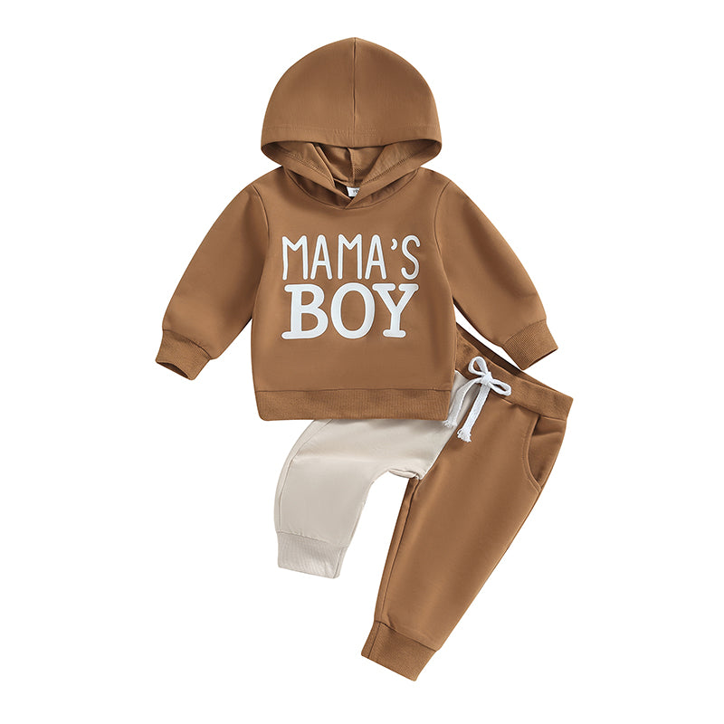 0-3Y Autumn Casual Kids Boys Clothes Set 2pcs Letter Print Hooded Pocket Top Colour Patchwork Long Pants