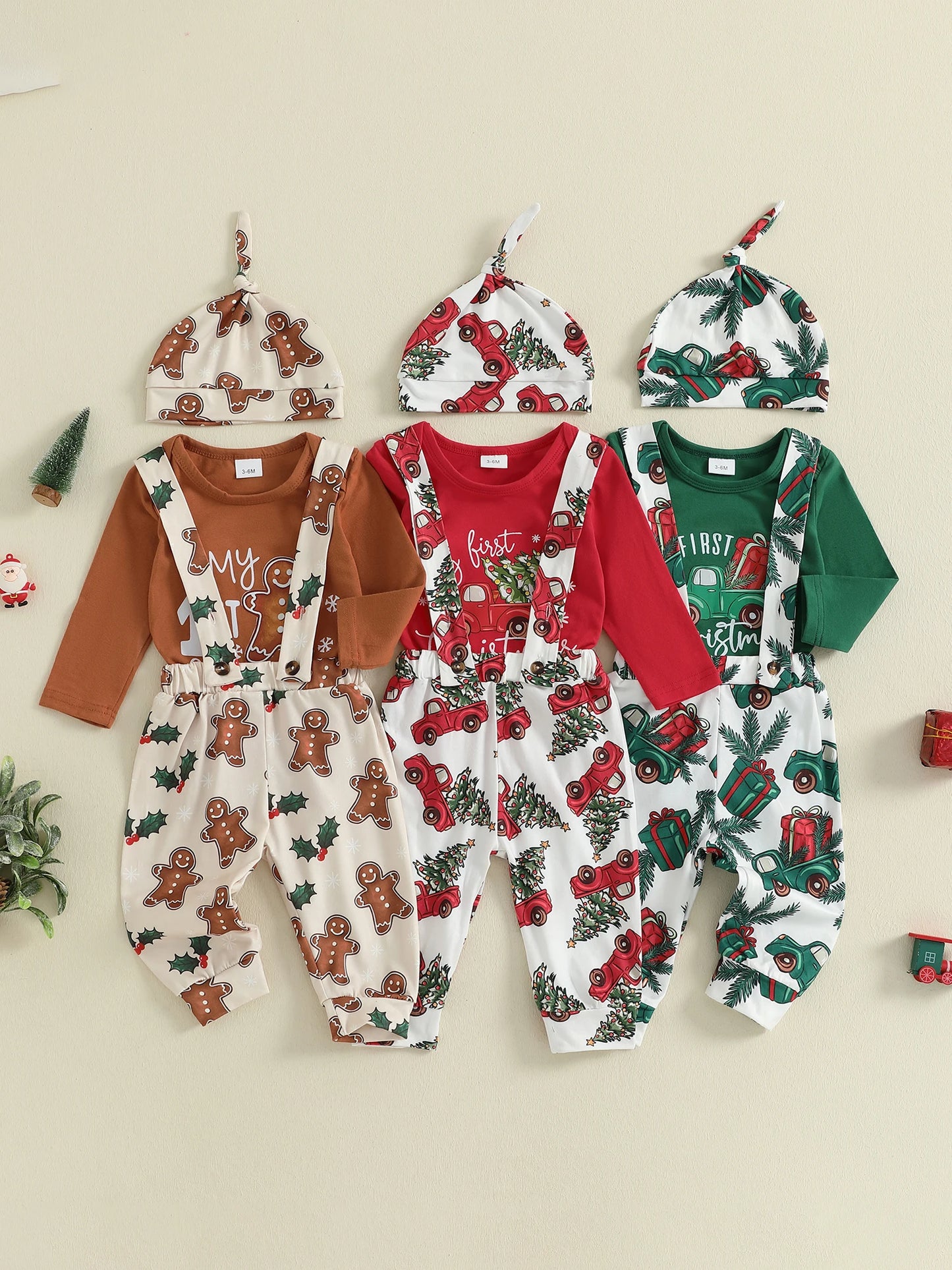 Christmas Baby Boys 3-Piece Outfit Set - Printed Romper, Overalls & Hat (0-18M)