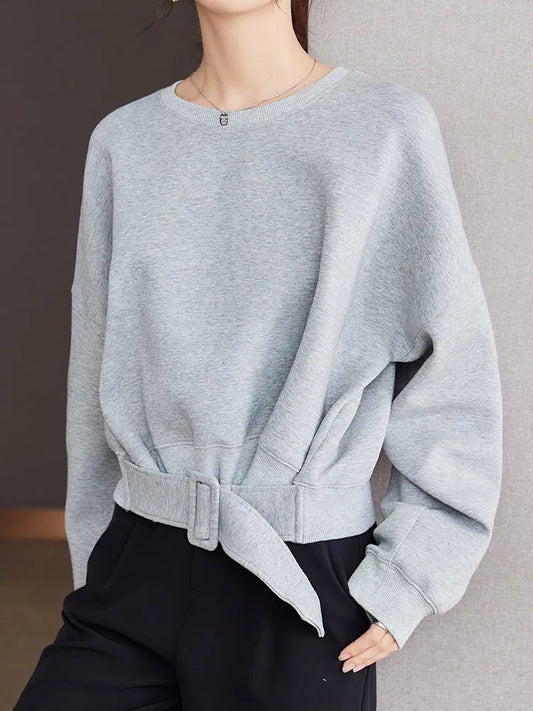 Women Plain Long Sleeve Belt Waist Loose Casual Oversize Pullover Jumper Sweatshirt