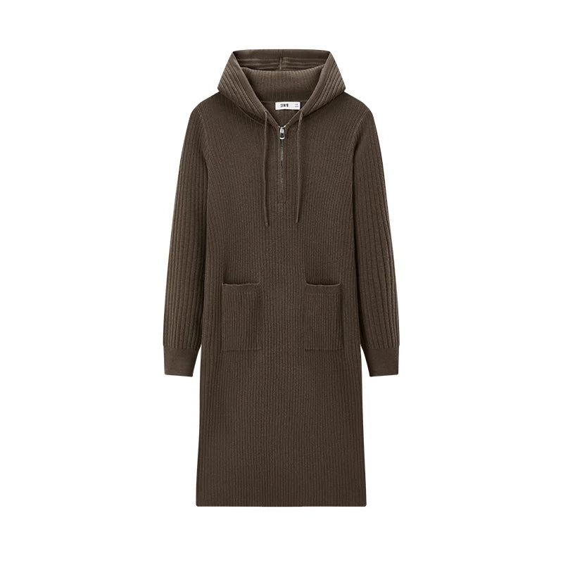 Women's Knit Hoodie Dress - Slim Fit Textured Mid-Length Winter Casual Style