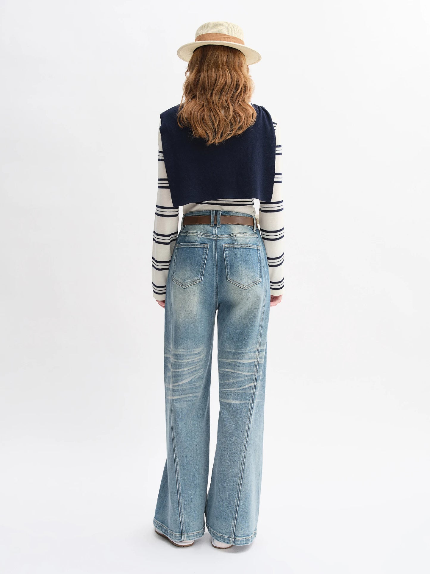 Plus Size Retro Washed Blue Straight Jeans - High Waist Wide Leg Design