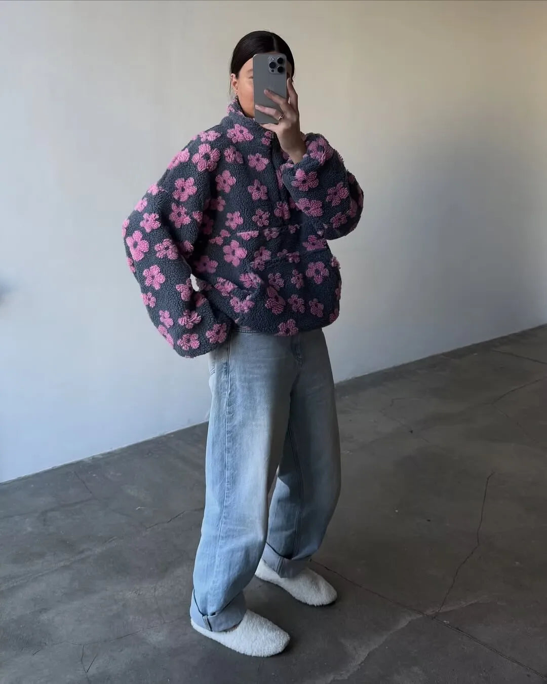 Lambswool Floral Sweatshirt - High Neck Long Sleeve Warm Pullover