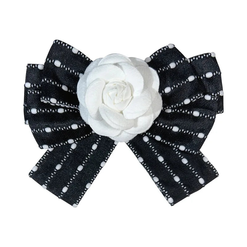 Fabric Art Bow Tie Camellia Flower Brooch - Women's College Style Shirt Necktie Fashion Accessory