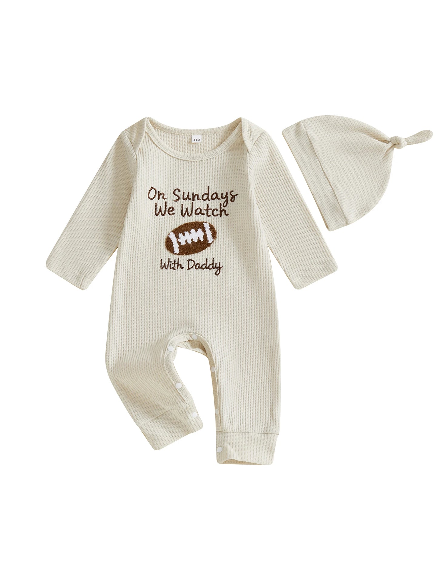 Newborn Baby Football Romper with Hat - Letter Embroidery Long Sleeve Full Length Jumpsuit