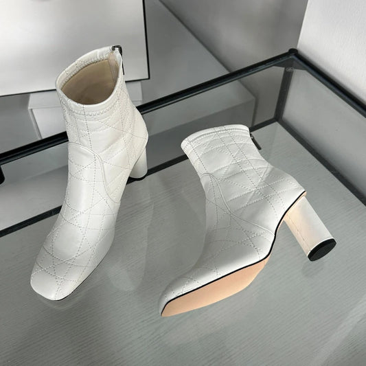 Retro Checkered Ankle Boots - Round Heel with Back Zipper