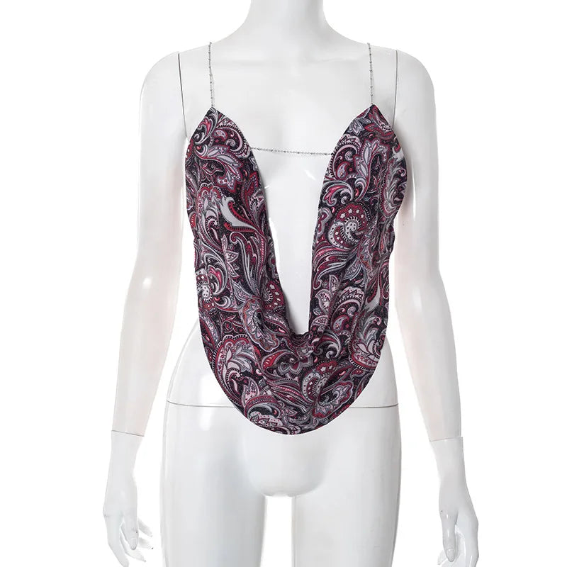 Women's Leopard Print Draped Cami Top - Deep V Neck Chain Detail Backless Crop Top