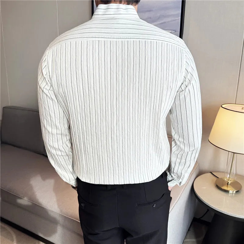 Men's Striped Stand Collar Long Sleeve Single Breasted Shirt