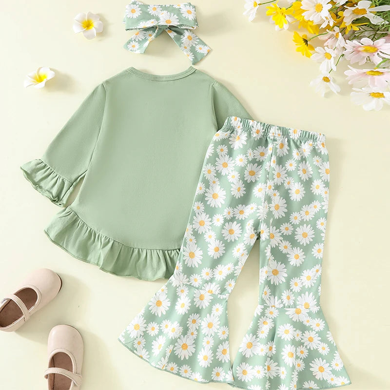 0-4Y Girls Letter Print Long Sleeve Ruffled Dress Tops Sunflowers Flare Pants and Headband