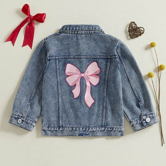 Girls' Denim Jacket with Back Bow Print | Lapel Button-Up Long Sleeve Coat | Spring & Autumn | 18M–5T
