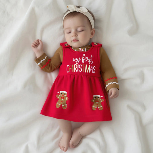 Baby Girls Christmas Clothes Set - Long Sleeve Romper & Gingerbread Man Embroidery Overalls Dress