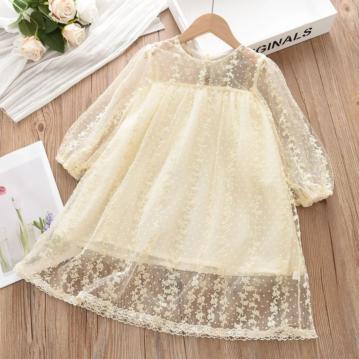 Girls' Lace Tulle Princess Dress – Long Sleeve Party & Wedding Dress