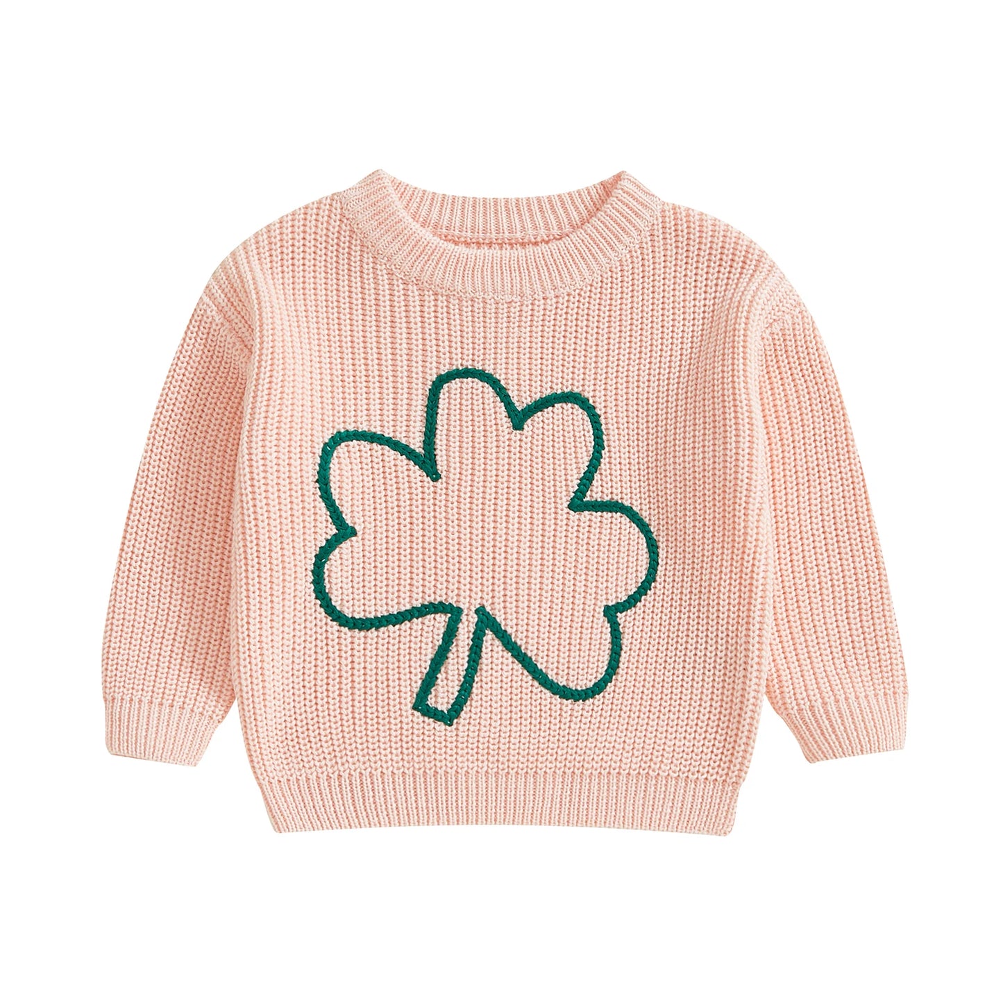0-4Y  Kids Boys Girls Spring Sweater Clover Embroidery  Long Sleeve Crew Neck Pullover Knitwear