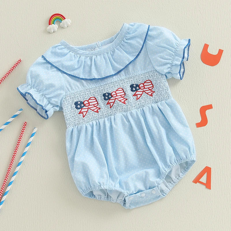 Baby Girls' Independence Day Romper - Dot Print Bow Flag Embroidery Ruffled Jumpsuit