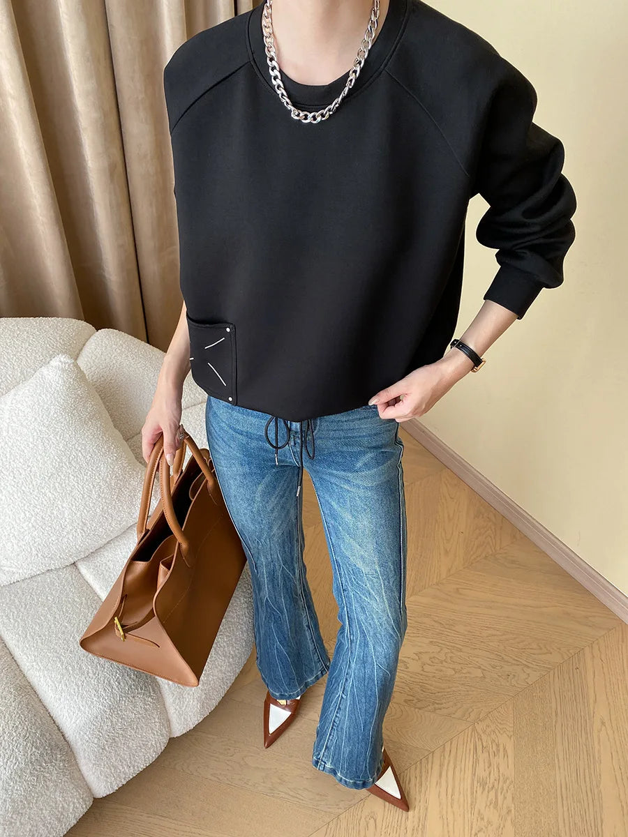 Women Solid Round Neck Long Sleeve Casual Loose Embroidered Design Pullover Sweatshirt