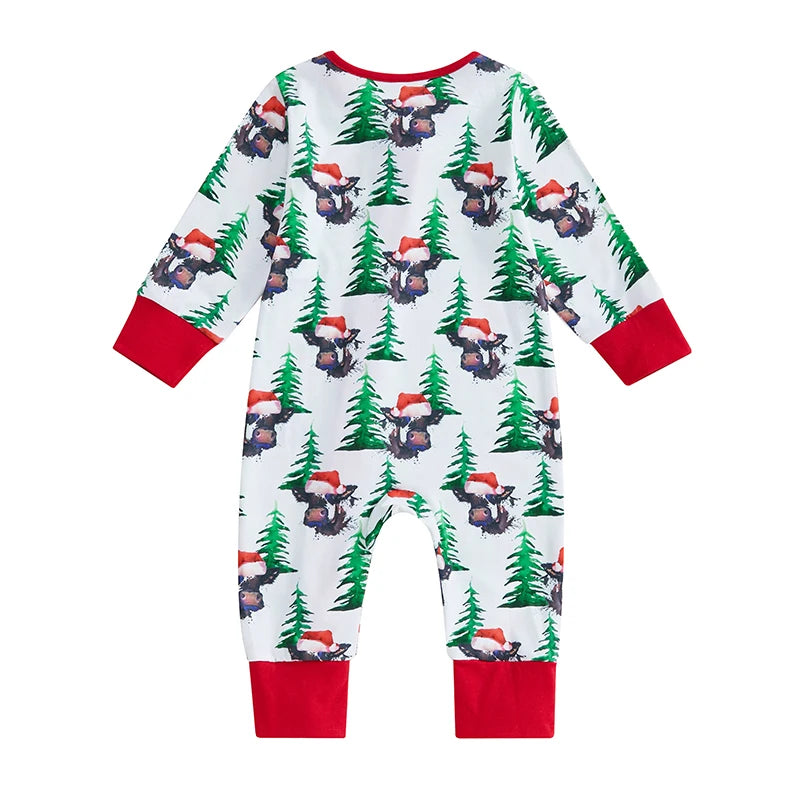 0-12M Baby Girls Boys Christmas Rompers Cow Print Long Sleeve Zipper Jumpsuits