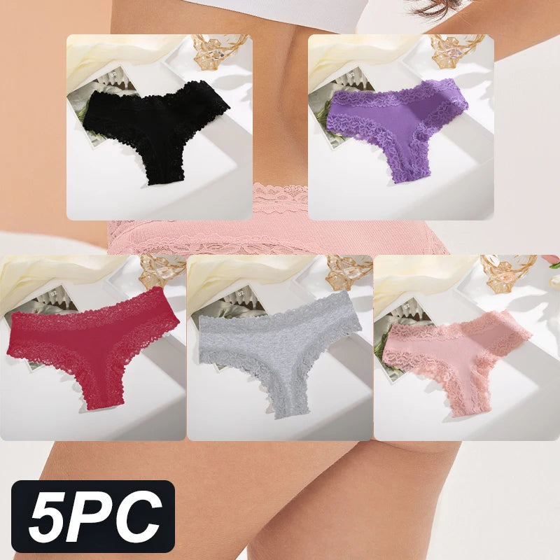 5PCS Women Cotton Lace Underwear Low Waist Briefs Breathable G-String Lingerie