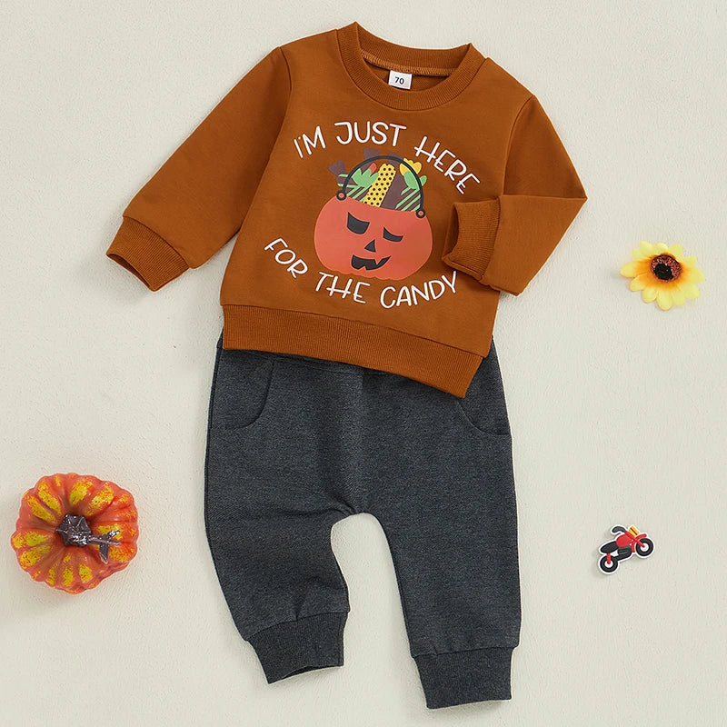 0-3Y Baby Boys Halloween Clothes Set - Pumpkin Letter Print Long Sleeve Sweatshirt Pocket Long Pants