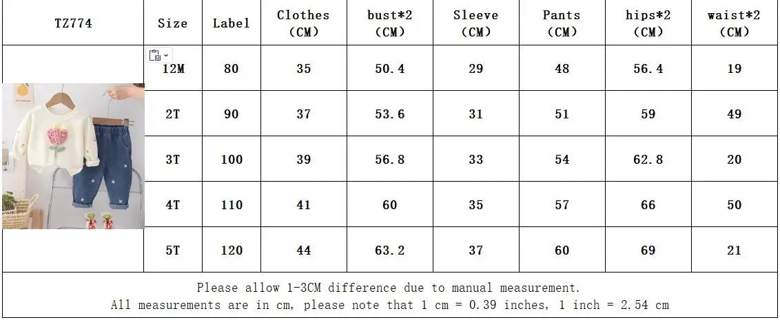 Girl's Clothing Autumn Long Sleeved Round Neck Top and Jeans 2-piece Three-dimensional Flower Spring Outfit Set