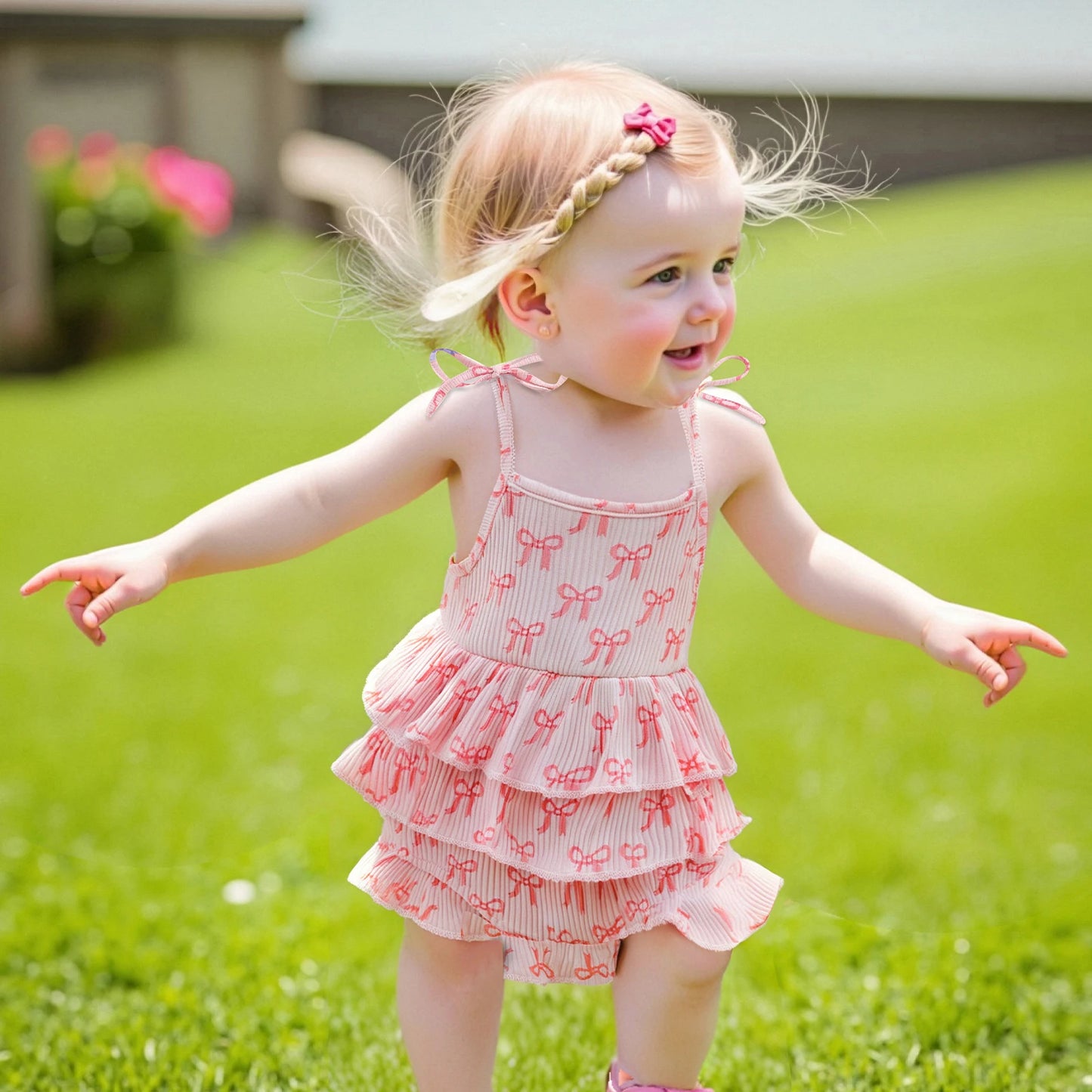 Bow Print Layered Ruffle Spaghetti Strap Baby Romper