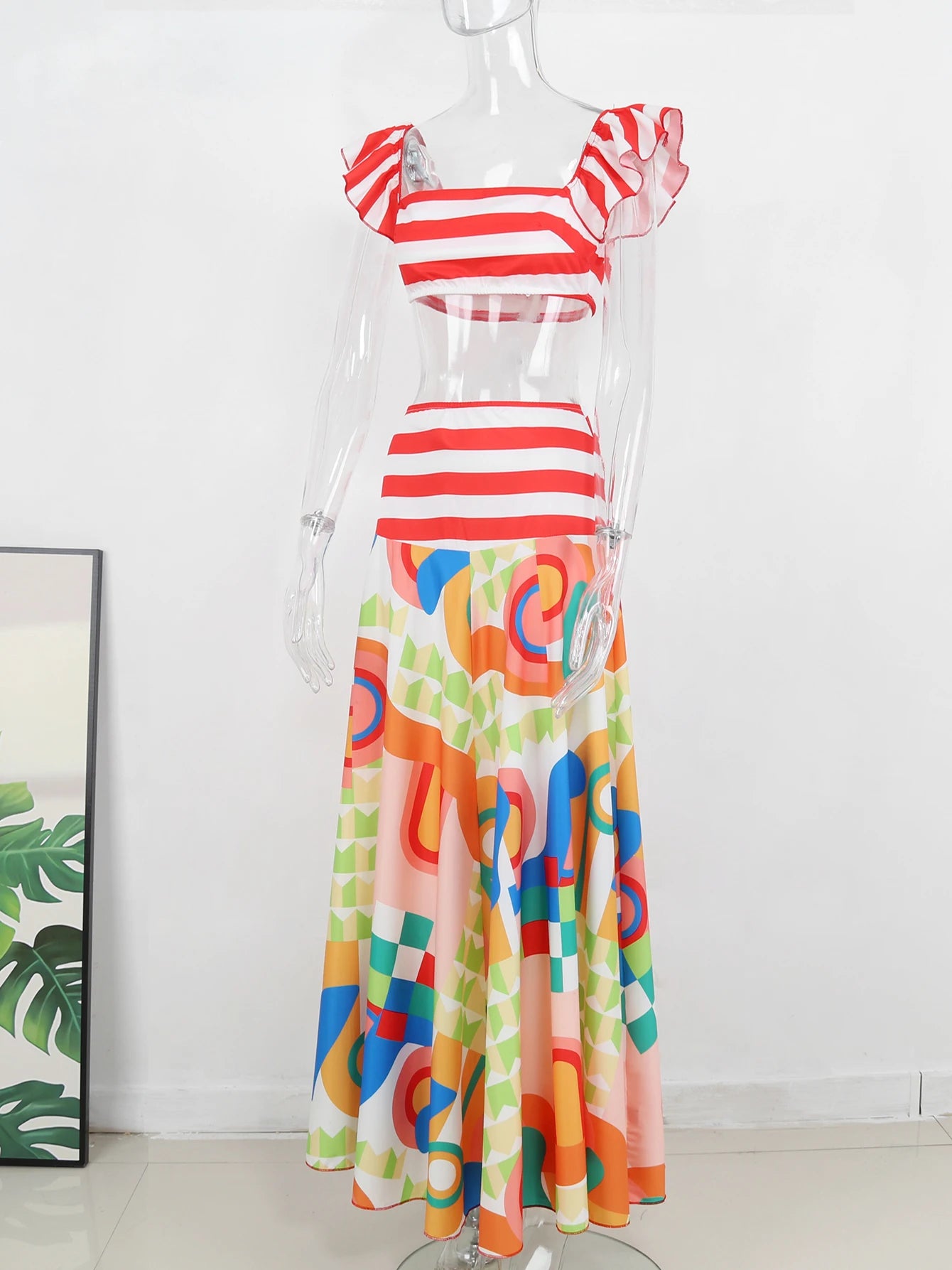 Women's Square Collar Flying Sleeve Crop Top & High Waist A-Line Maxi Skirt Set