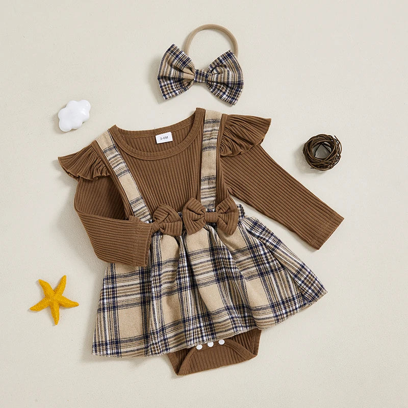 0-18M  Baby Girls  Romper Dress Long Sleeve Round Neck Plaid Print Patchwork Bow Jumpsuits with Headband