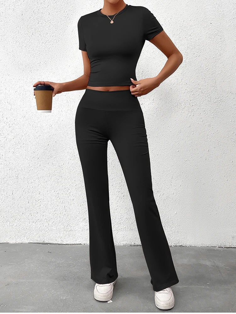 Women's Two-Piece Yoga Set - Short Sleeve T-Shirt & Straight Pants