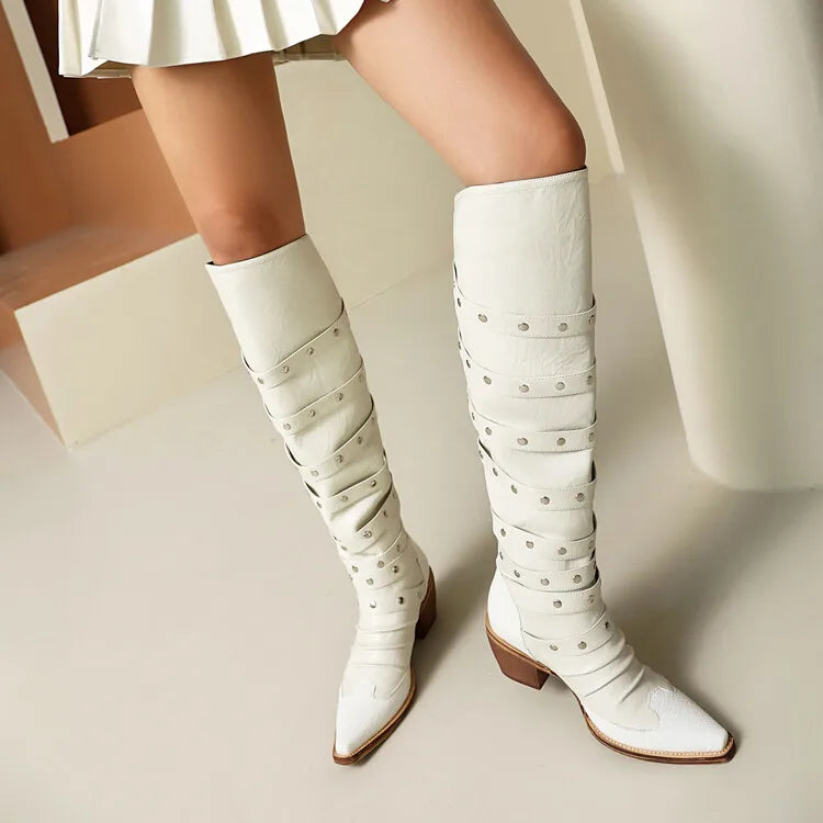 Women's 6cm Square Heel Knee High Boots Belt Buckle Rivet Pointed Leather Long Boots