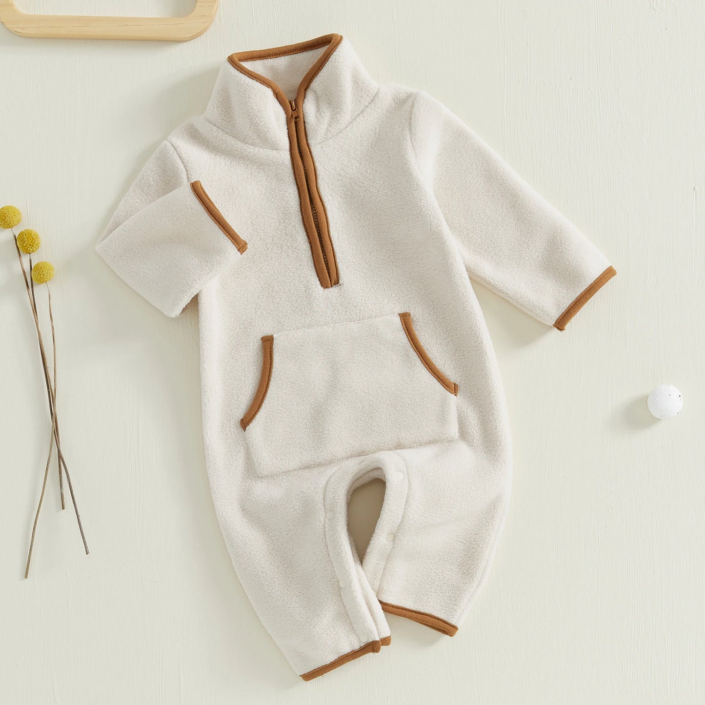 0-12M Baby Boys Fleece Romper Long Sleeve Stand Collar Pockets Plush Overalls Jumpsuits with Zipper