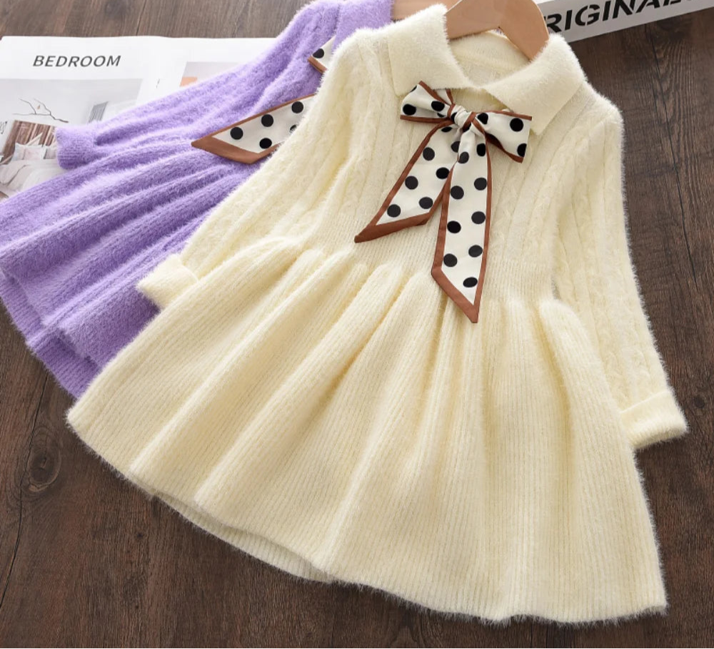 Children's Girl's  Thick Collar Sweater Spotted Bow Collar Pleated Knit Dress