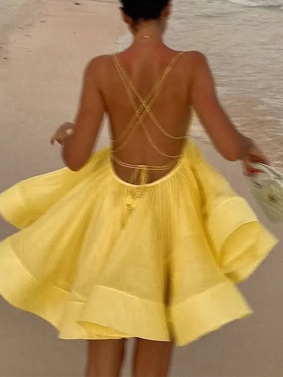Women's A-Line Backless Mini Dress - V-Neck Bandage Summer Beachwear