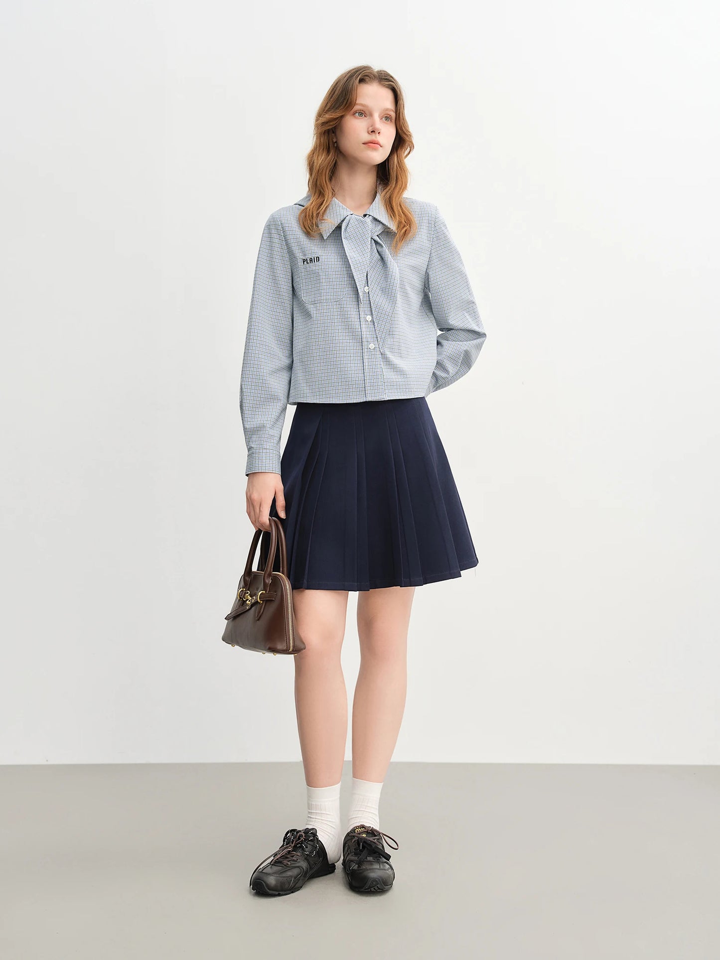 Blue Plaid Shirt & Navy Skirt Set - Long Sleeve Two-Piece