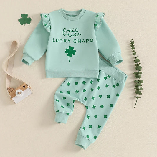 0-3Y Baby Girls Fall Clothes Set Letters Four Leaf Clover Print Long Sleeve Crew Neck Sweatshirt with Pants