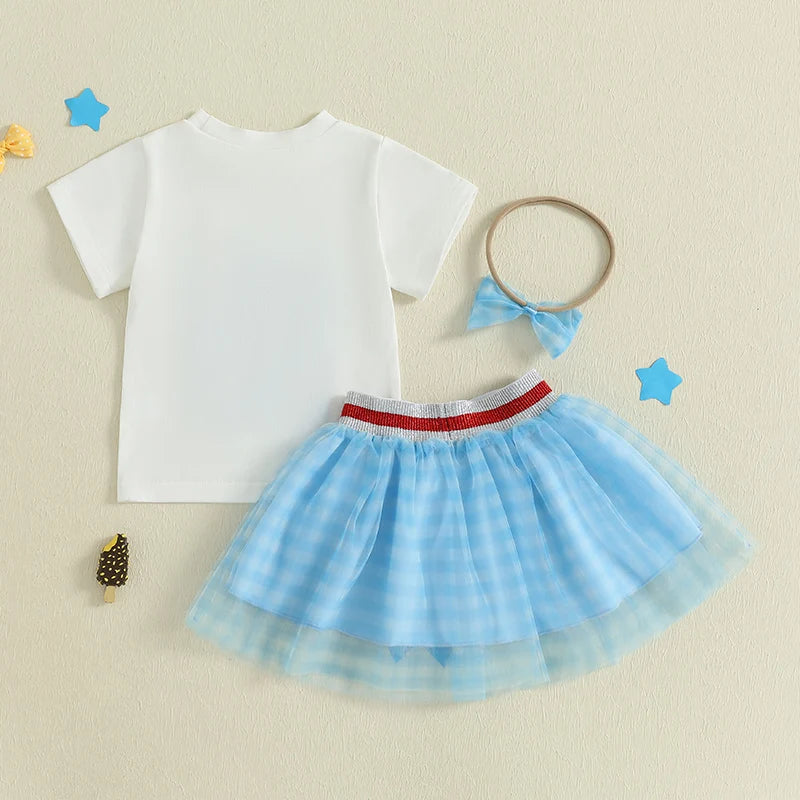 0-6Y Kids Girls American Flag Clothes Sets Bow Embroidery Short Sleeve T Shirt Mesh Lace Skirt Headband