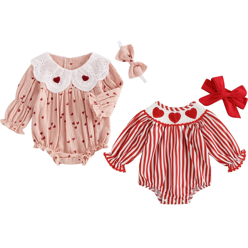 Baby Girls Striped Romper with Heart Embroidery & Hairband Set (0-18M)