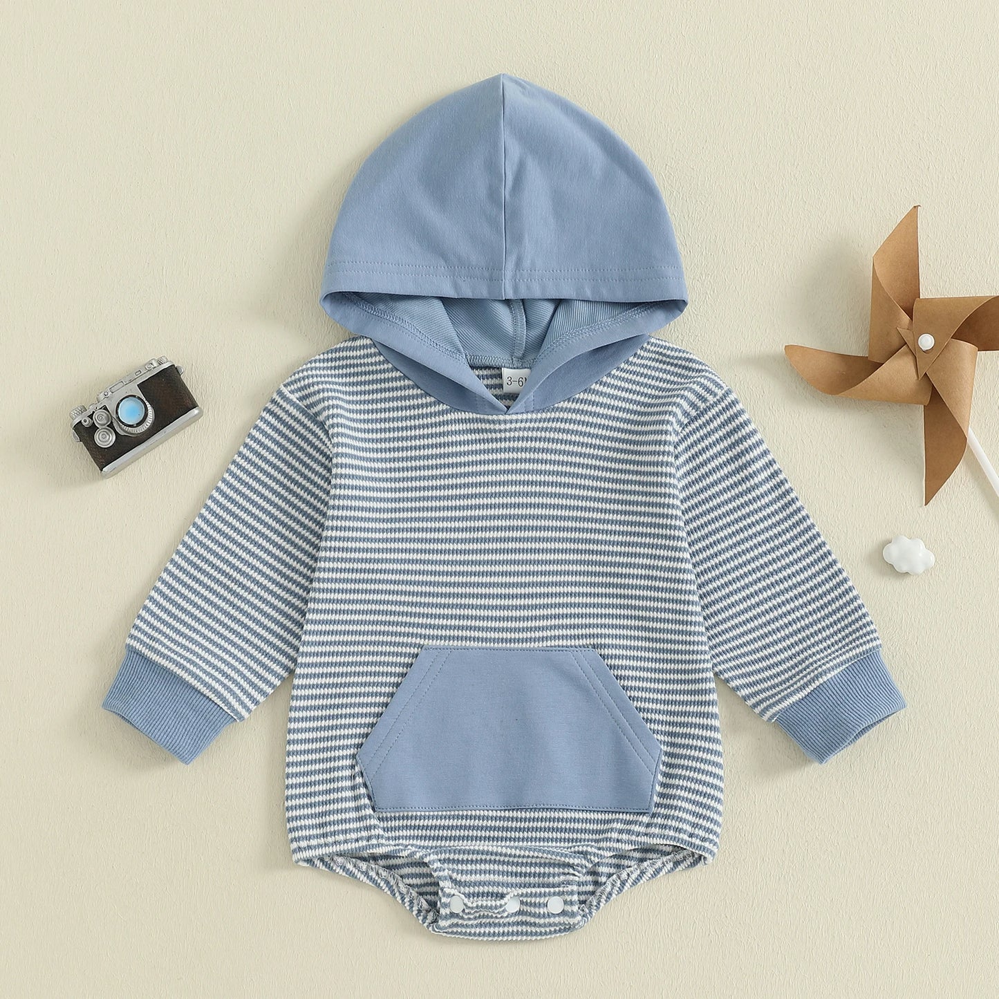 Newborn Baby Boys Fall Romper - Long Sleeve Hooded Stripe Bodysuit with Front Pocket (0-18M)