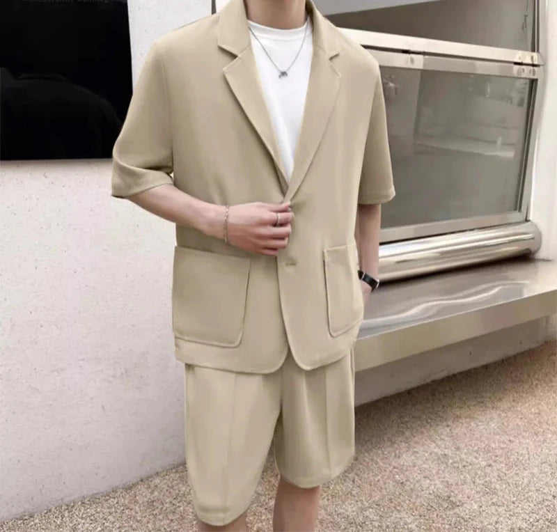 Men's Lapel Short Sleeve Blazer & Shorts Two Pieces Set Suit