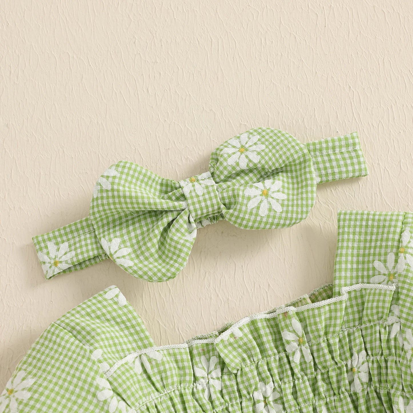 Baby Girls Romper Set with Headband - Plaid Flower Print Short Sleeve Bodysuit 2-Piece