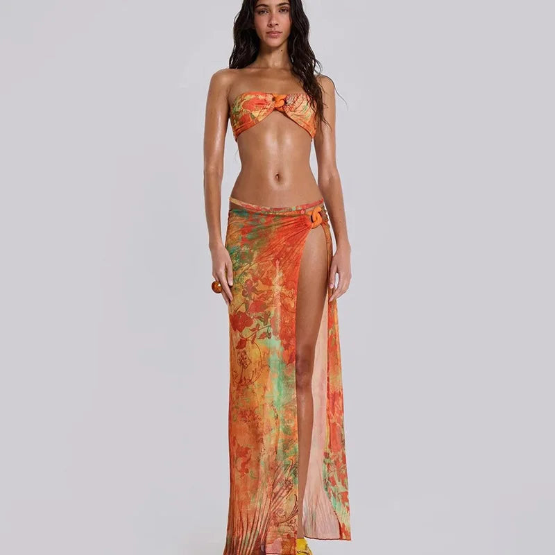 Women's Summer Beachwear Print 3 Piece Set Strapless Top Backless Split Skirt Bikini Dress Set