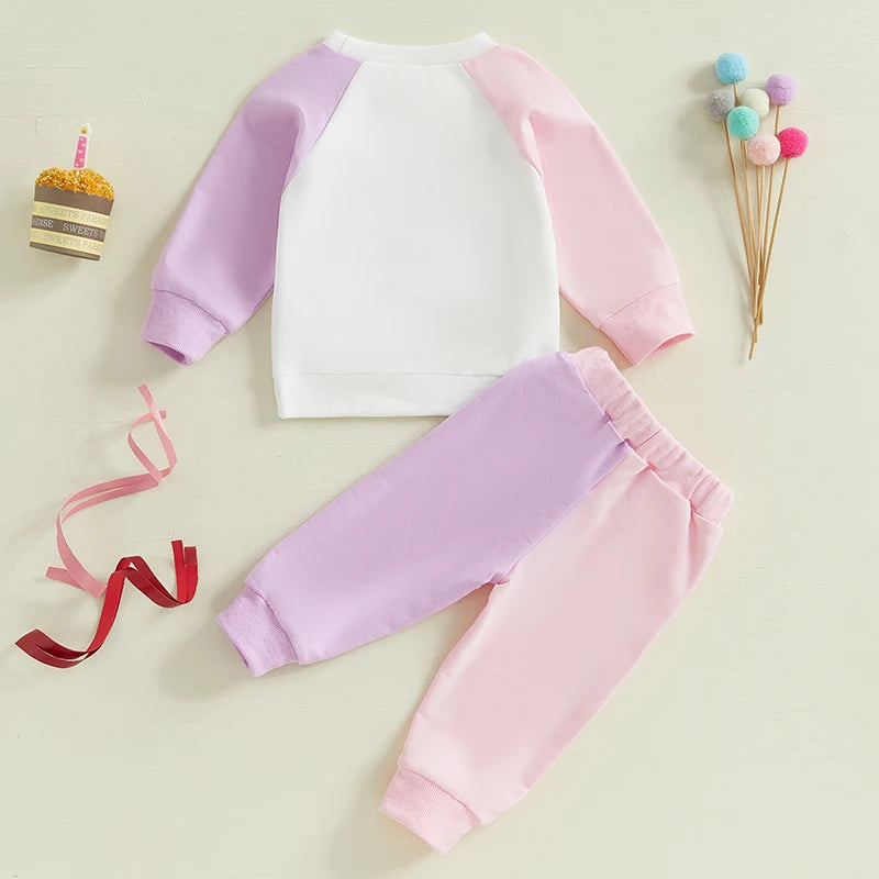 0-5Y Kids Girls Birthday Clothes Set Colour Patchwork Long Sleeve Letter Print Sweatshirt with Pants