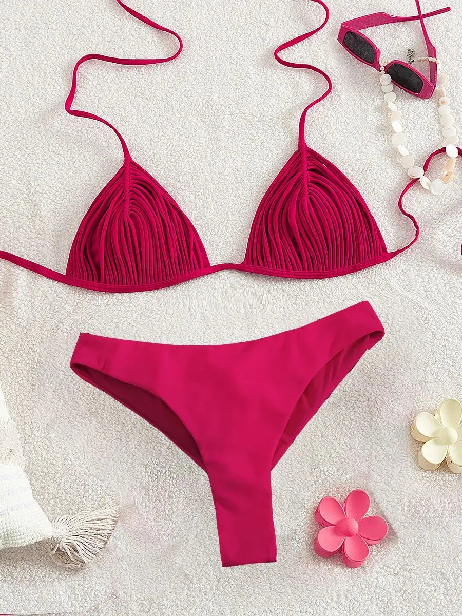 Braided V-Neck Halter Bikini Set - Summer Beachwear