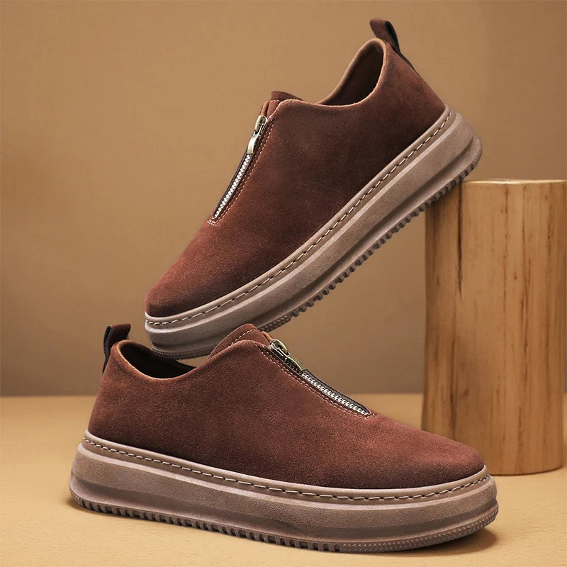 Men's Suede Leather Platform Work Shoes - Zipper Casual Business Sneakers
