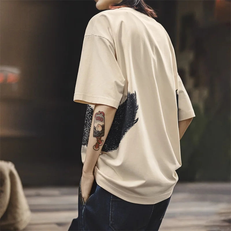 Women's Apricot Bear Print Oversized T-Shirt - Cute Loose Fit Ribbed Crew Neck Summer Tee