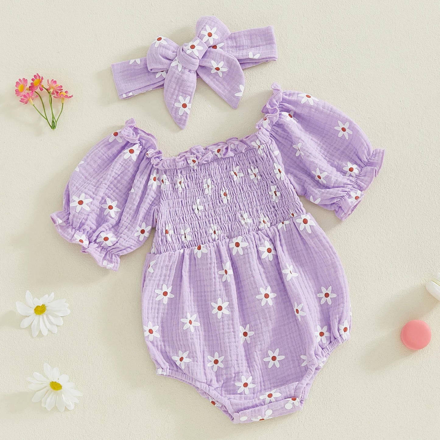 Baby Girls Summer Sunflower Romper - Off Shoulder Jumpsuit with Headband (0-18M)