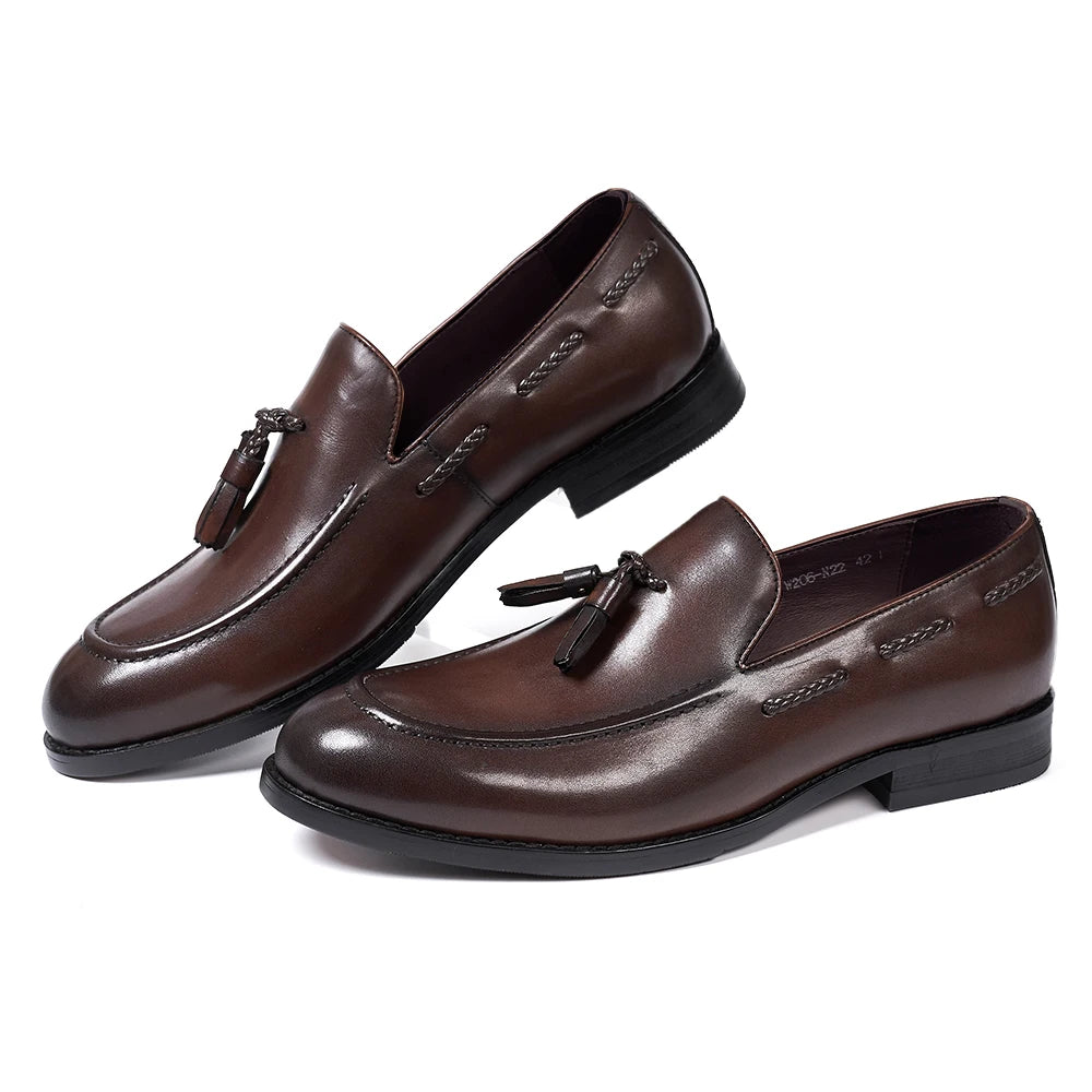 Classic Men's Tassel Loafers Genuine Leather Handmade Slip on Comfortable Office Wedding Shoes