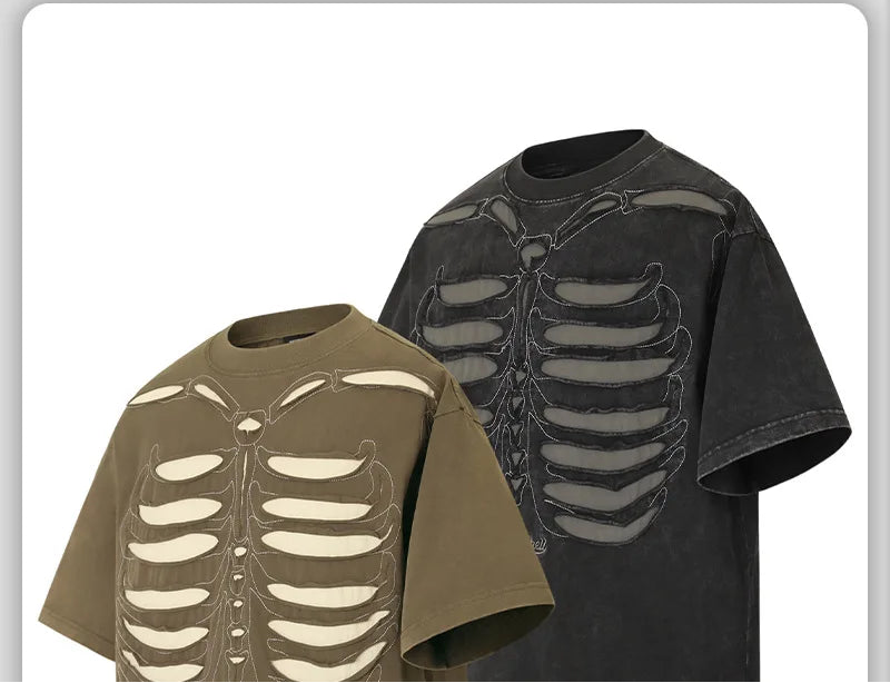 Men's Washed Vintage Cotton T-Shirt - Skull Embroidery