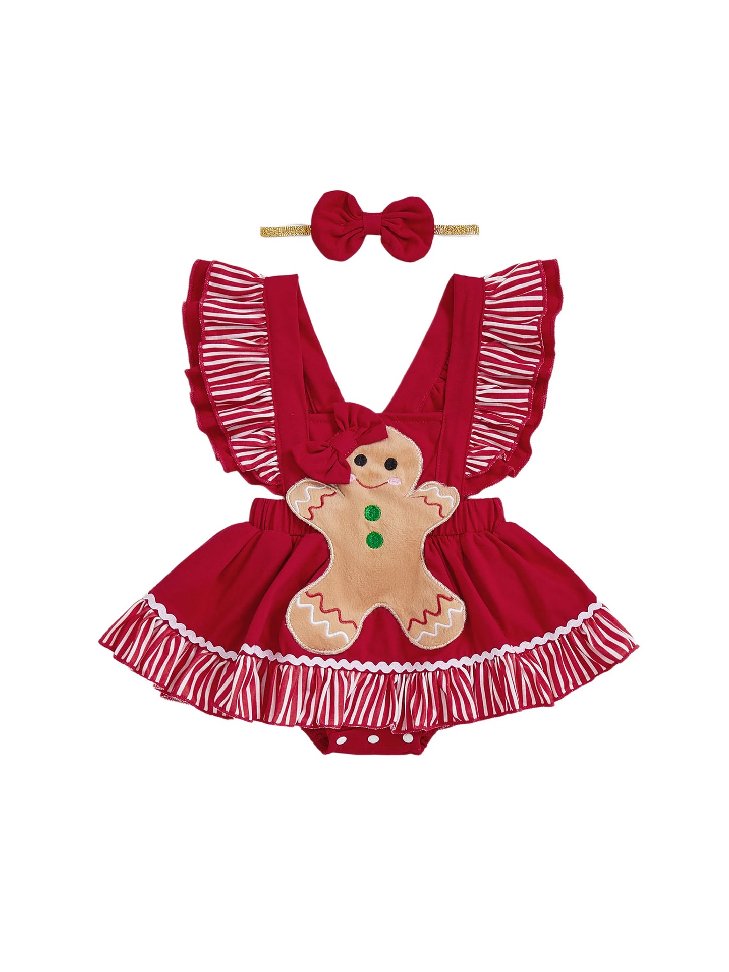 Baby Girls Christmas Romper Dress - Gingerbread Man Flying Sleeve Jumpsuit with Bow Headband (0-18M)