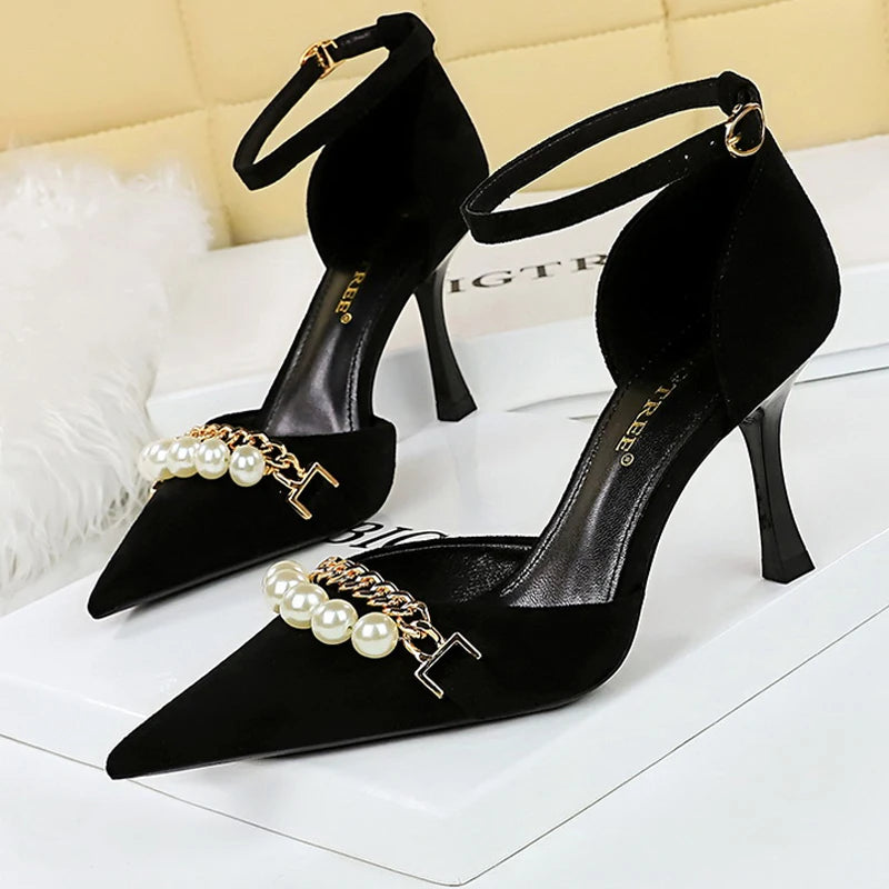 Women's Pearl Metal Chains Sandals Suede High Heels Shoes