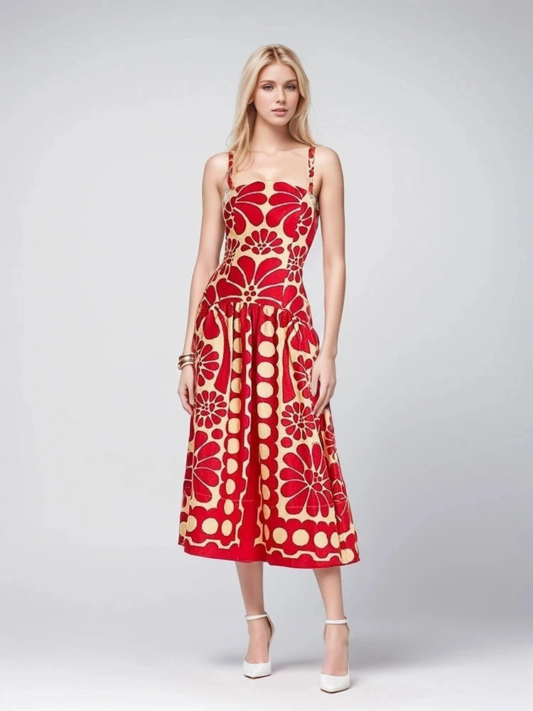 Women's Colourblock Printing Camisole Dress - Slash Collar Sleeveless High Waist Backless Chic Long Dress