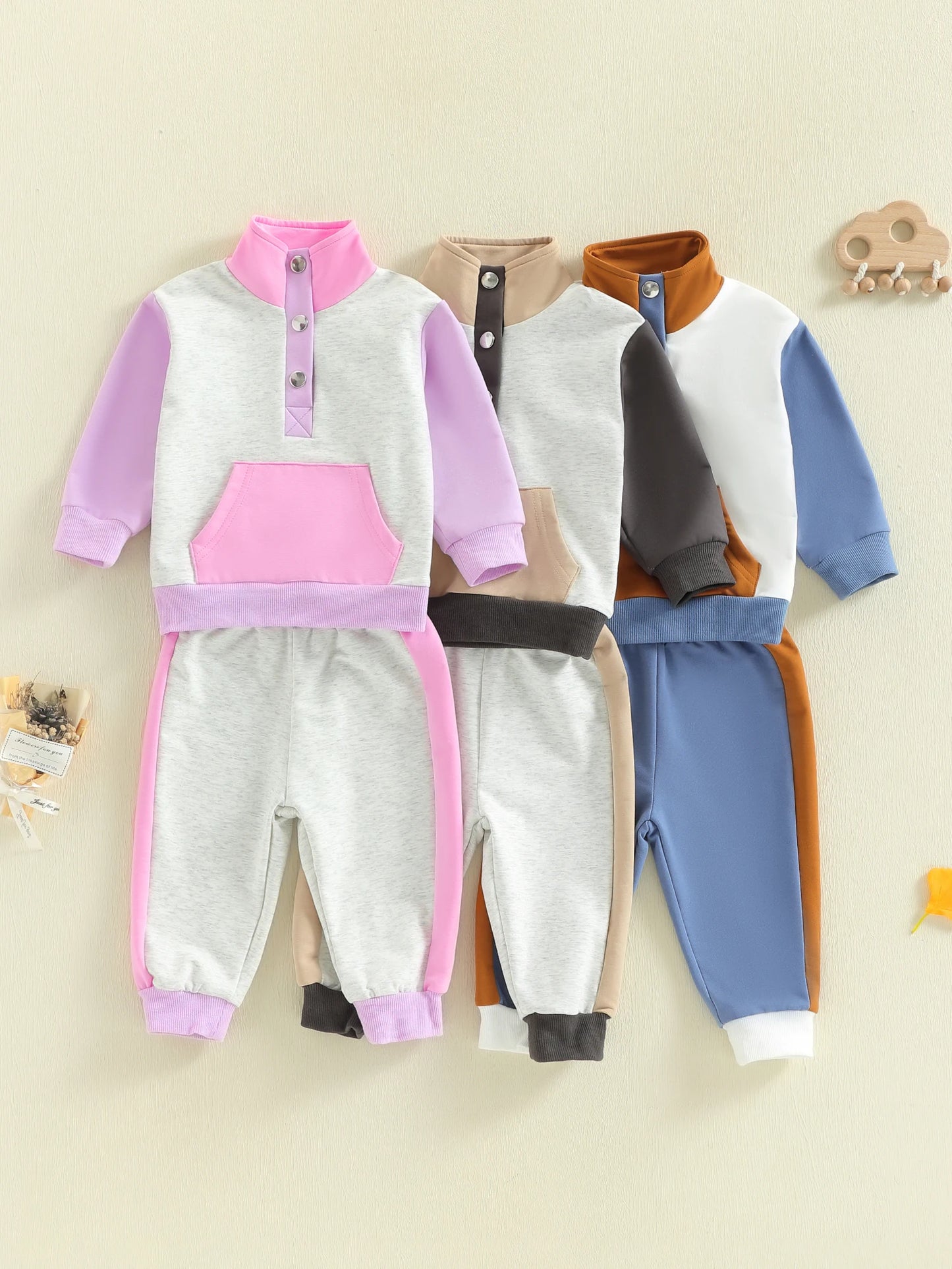 Toddler Kids Boys Girls Colour Patchwork Long Sleeve Stand Collar Pullover and Pants Set