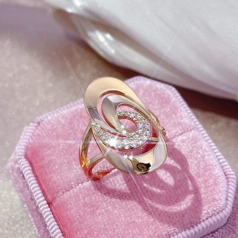 Women's Unusual Geometry Glossy 585 Rose Gold Color Natural Zircon Big Ring Earrings Necklace Set